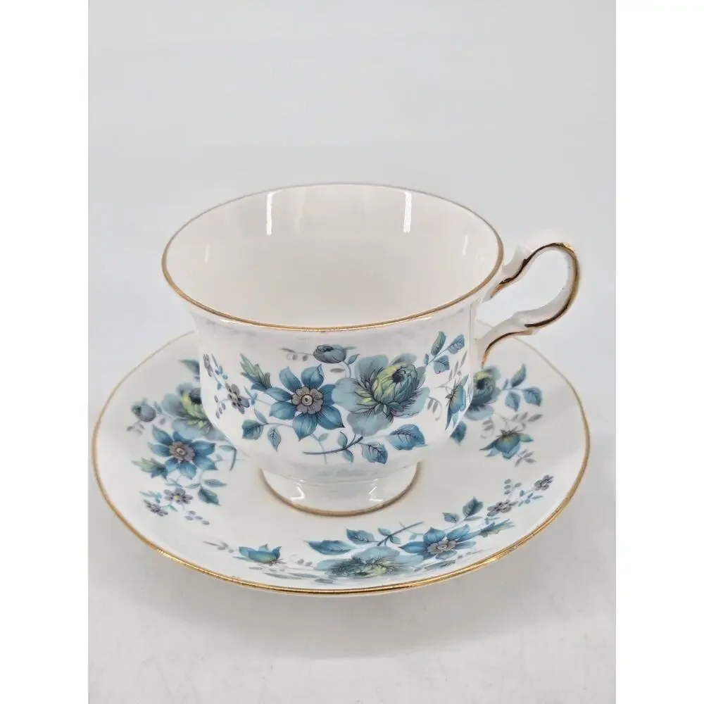 Mid Century 60s Blue Flowers Queen Anne Fine Bone China Tea Cup and Saucer